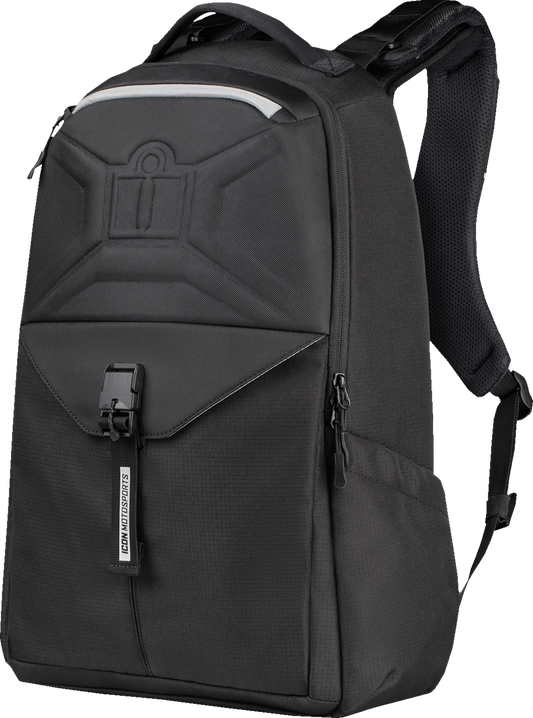 Black ICON Airflite backpack by Bill's Exhausts, featuring multiple compartments and padded shoulder straps for comfortable carrying.