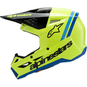 Youth ALPINESTARS SM3 helmet in Radium gloss yellow, black, and blue with a sleek helmet design and ventilation details.