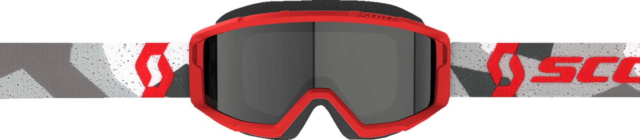 Scott Primal Sand Dust Goggle in camo white and red with dark gray frame, featuring adjustable strap and clear lens for motocross riding.