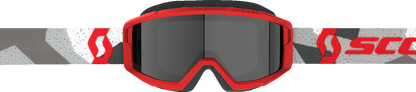 Scott Primal Sand Dust Goggle in camo white and red with dark gray frame, featuring adjustable strap and clear lens for motocross riding.