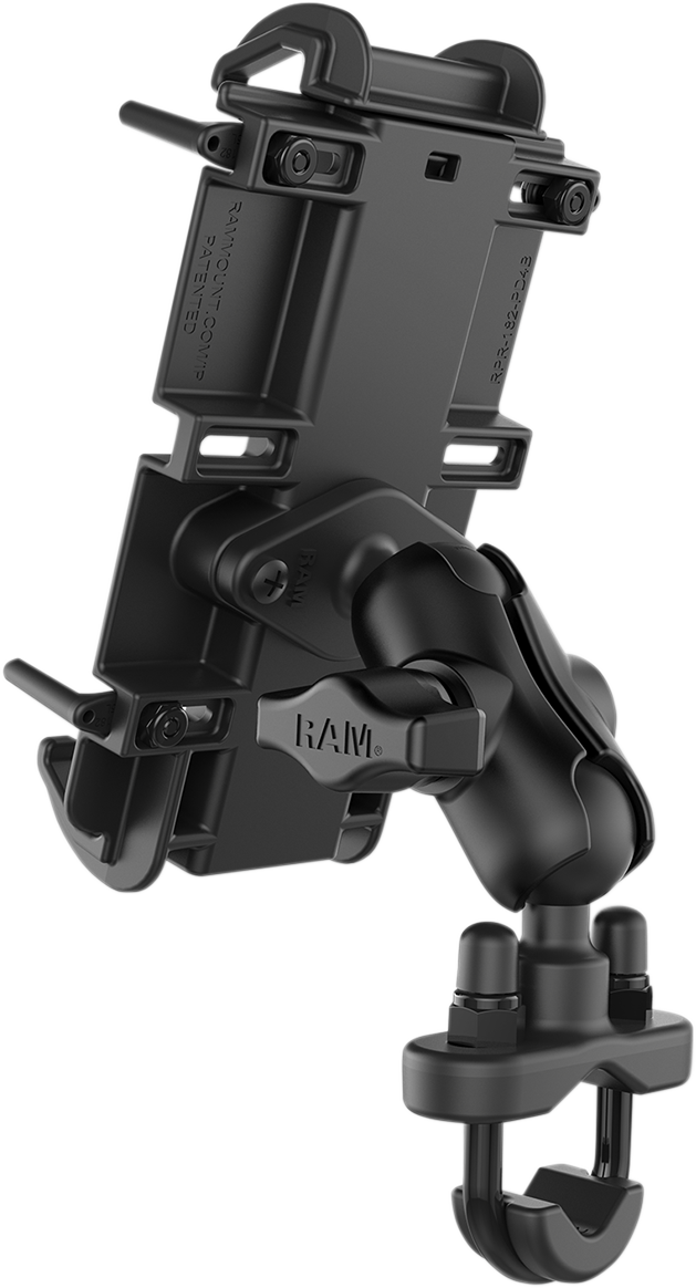 Bill's Exhausts RAM MOUNTS XL Phone Mount with quick grip and U-bolt base, designed for engine installation and secure phone holding