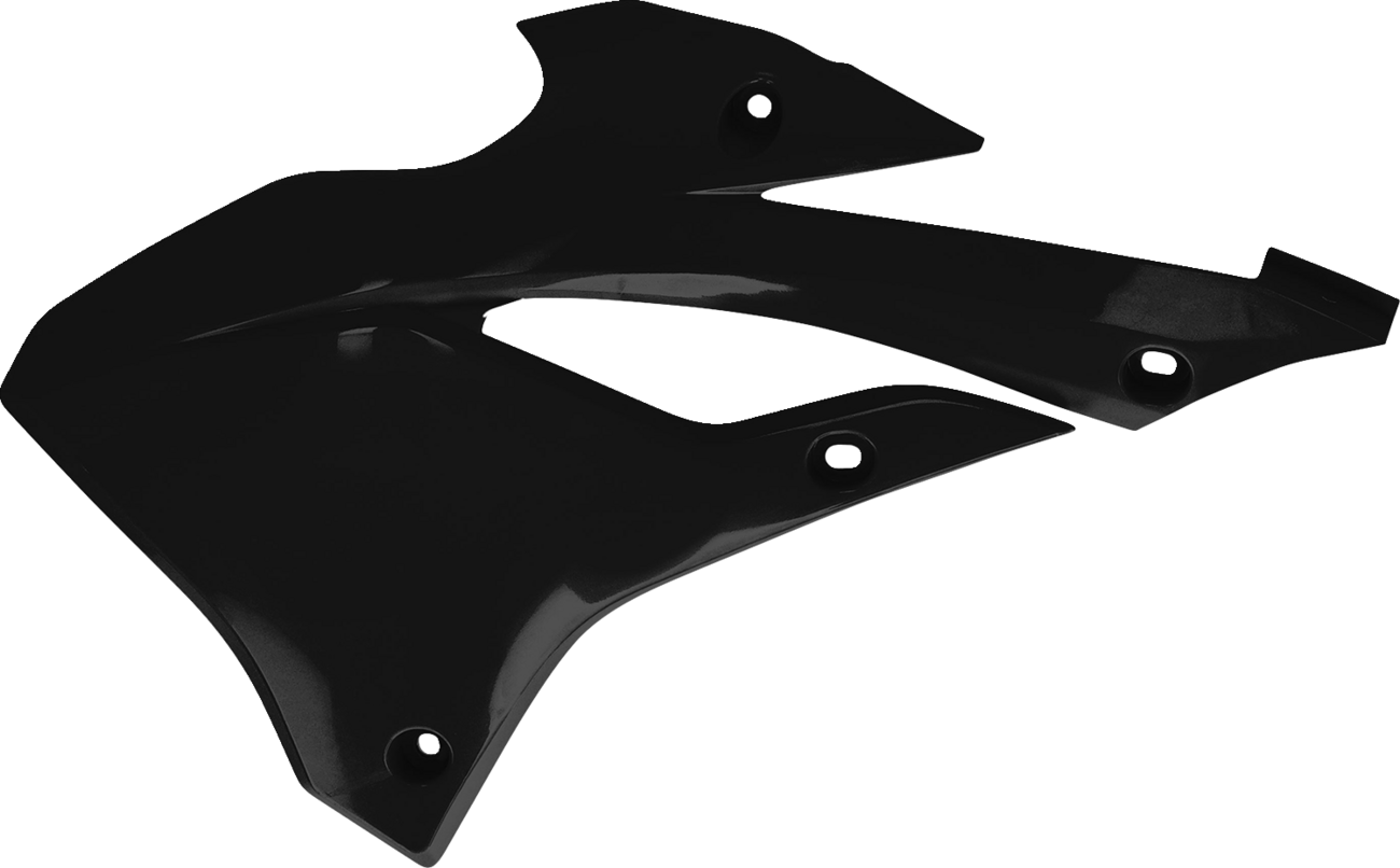 Black Acerbis radiator shrouds for body protection, shown in a close-up with mounting details and sleek design.