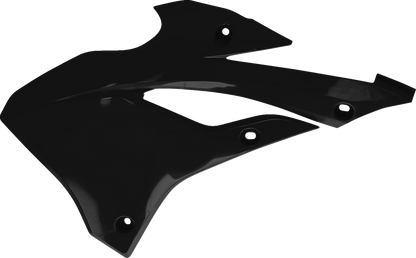 Black Acerbis radiator shrouds for body protection, shown in a close-up with mounting details and sleek design.