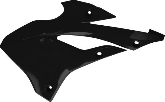 Black Acerbis radiator shrouds for body protection, shown in a close-up with mounting details and sleek design.