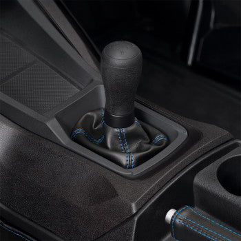 Blue Show Chrome Shifter Boot for Slingshot motorcycle, featuring detailed stitching and durable rubber material.