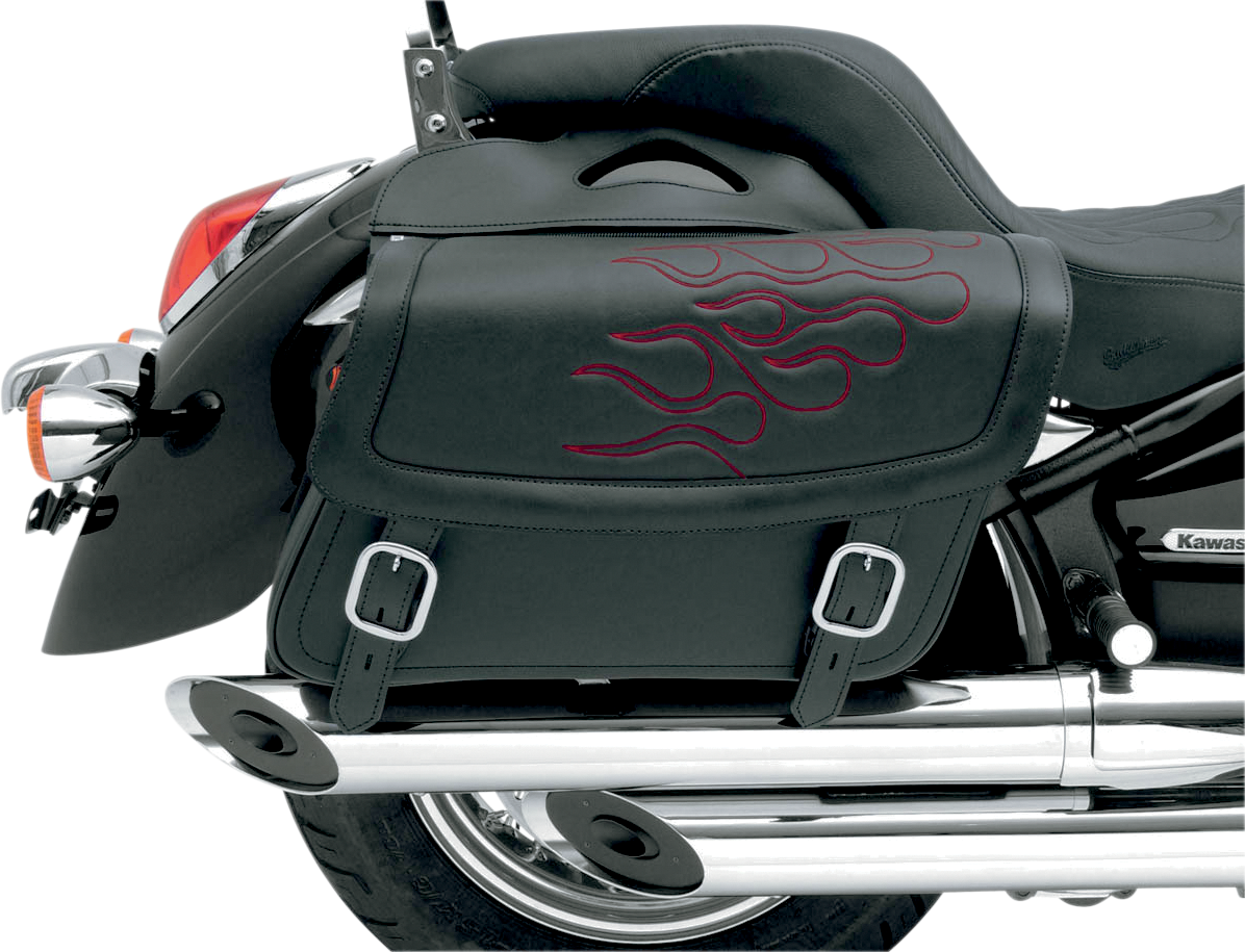 Dark red Saddlemens Flame Saddlebag attached to a motorcycle seat, showcasing large size and detailed flame design.