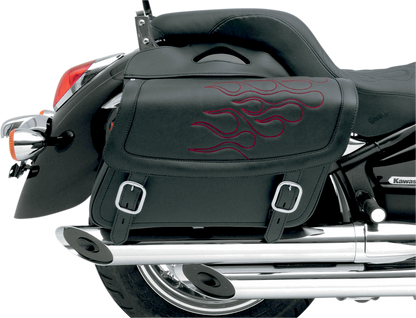 Dark red SADDLEMEN Flame Saddlebag by Bill's Exhausts, designed for motorcycle seats with a bold flame pattern and durable construction.