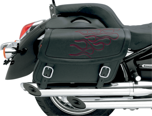 Dark red SADDLEMEN Flame Saddlebag by Bill's Exhausts, designed for motorcycle seats with a bold flame pattern and durable construction.