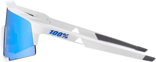 Bill's Exhausts 100% Speedcraft sunglasses in white with blue mirror lenses, showcasing sporty eyewear with sleek frame design.