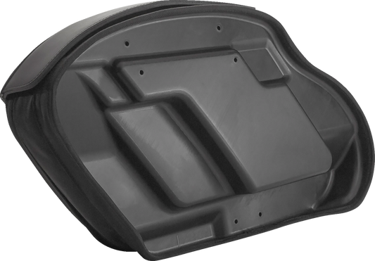 Bill's Exhausts Saddlemens Saddlebags for Dyna motorcycle, black leather seats with metal buckles and stitching details.
