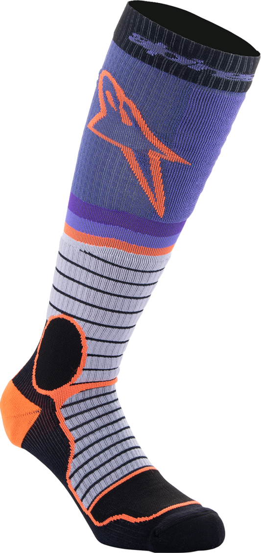 Alpinestars MX Pro motorcycle socks in black, gray, purple, and orange, size large, featuring breathable fabric and reinforced areas.