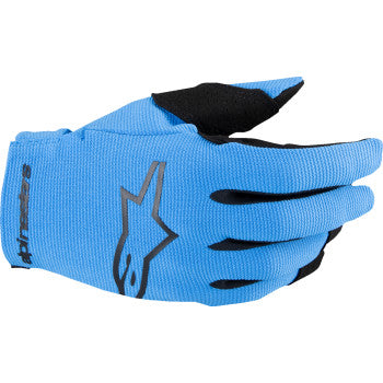 Alpinestars Youth Radar MX Gloves in blue and black, showing the gloves with padded knuckles and adjustable wrist strap.