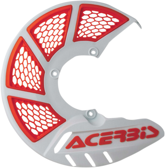 A white and orange ACERBIS X-Brake disc cover designed for motorcycle protection, featuring sleek body styling and branding.