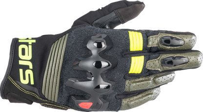 Alpinestars Halo motorcycle gloves in forest black and fluo yellow, medium size, with protective padding and breathable fabric.