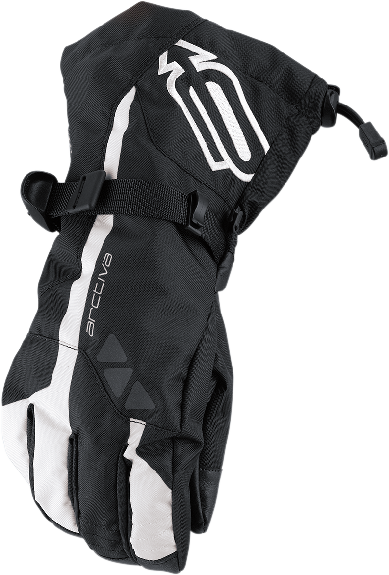 Bill's Exhausts ARCTIVA Pivot Gloves in black and white, small size, showing the textured fabric and adjustable wrist strap.