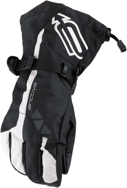 Bill's Exhausts ARCTIVA Pivot Gloves in black and white, small size, showing the textured fabric and adjustable wrist strap.