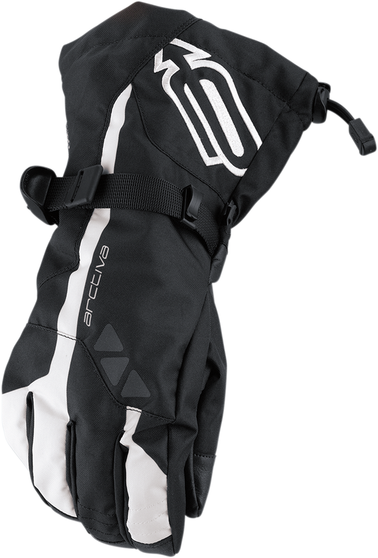 Bill's Exhausts ARCTIVA Pivot Gloves in black and white, small size, showing the textured fabric and adjustable wrist strap.