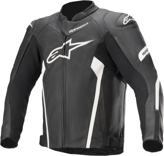 Alpinestars Faster v2 leather motorcycle jacket in black and white, US 42 / EU 52, displayed on a plain background.