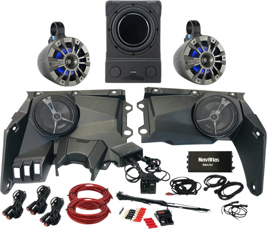 Bill's Exhausts NAVATLAS Zone 4 X3 X36ZONE4 speakers, compact audio kit with black speaker cones and mounting brackets.