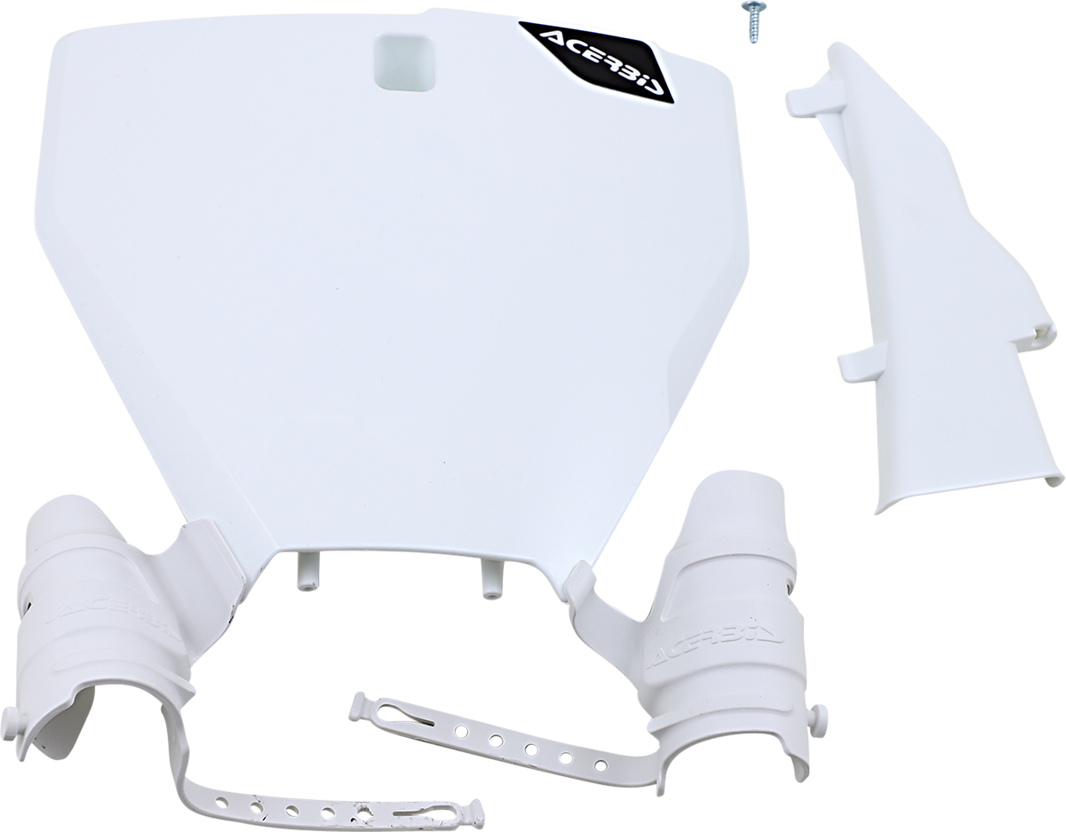 White ACERBIS Raptor number plate body part with black lettering, designed for motorcycle customization, shown on a plain background.