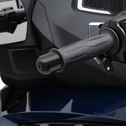 Can-Am motorcycle handlebar end weights in chrome finish, designed for engine vibration reduction, by Bill's Exhausts.