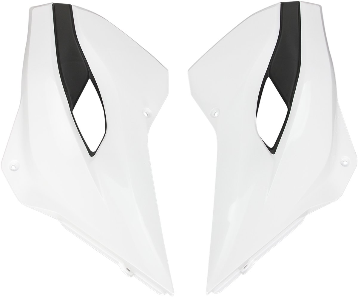 White Acerbis radiator shrouds for motorcycle body, featuring sleek design and vented panels, compatible with various models.