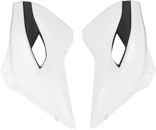 White Acerbis radiator shrouds for motorcycle body, featuring sleek design and vented panels, compatible with various models.