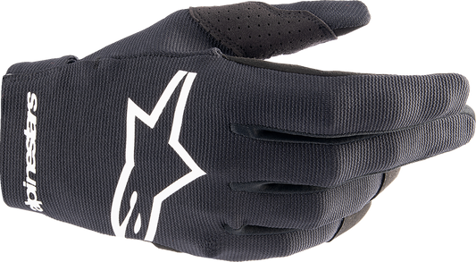 Alpinestars Radar motorcycle gloves in black and white, medium size, featuring protective padding and textured grip details.