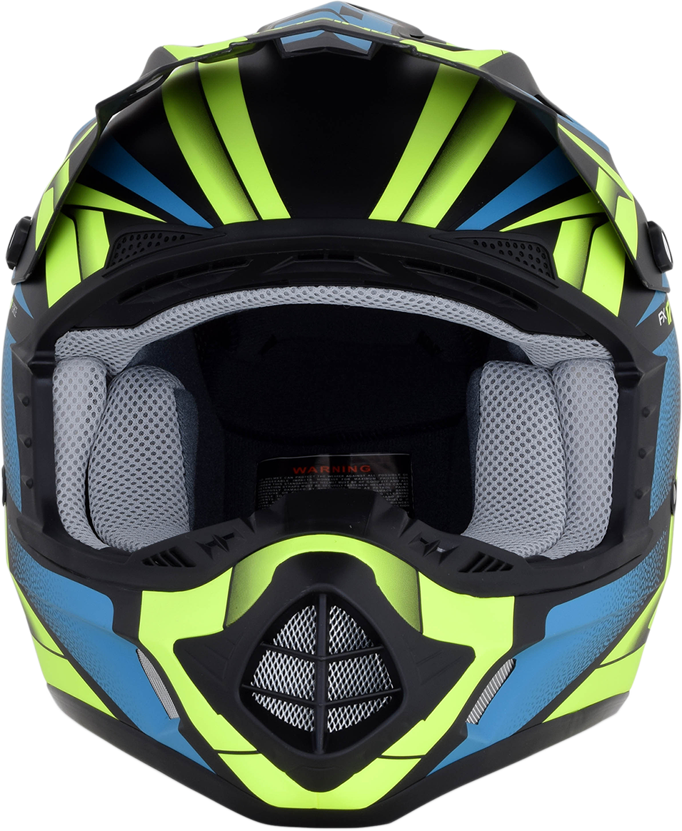 AFX FX-17 helmet by Bill's Exhausts in matte black, green, and blue with 2XL size, featuring aerodynamic design and bold graphics.