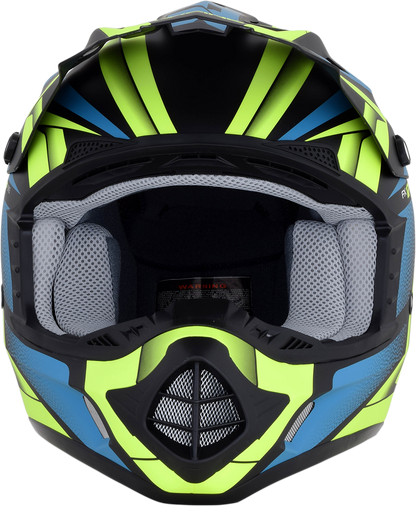 AFX FX-17 helmet by Bill's Exhausts in matte black, green, and blue with 2XL size, featuring aerodynamic design and bold graphics.