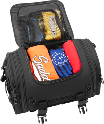 Bill's Exhausts SADDLEMEN TR2300DE TL sissy bar bag mounted on motorcycle seat, showcasing durable black storage for touring rides.