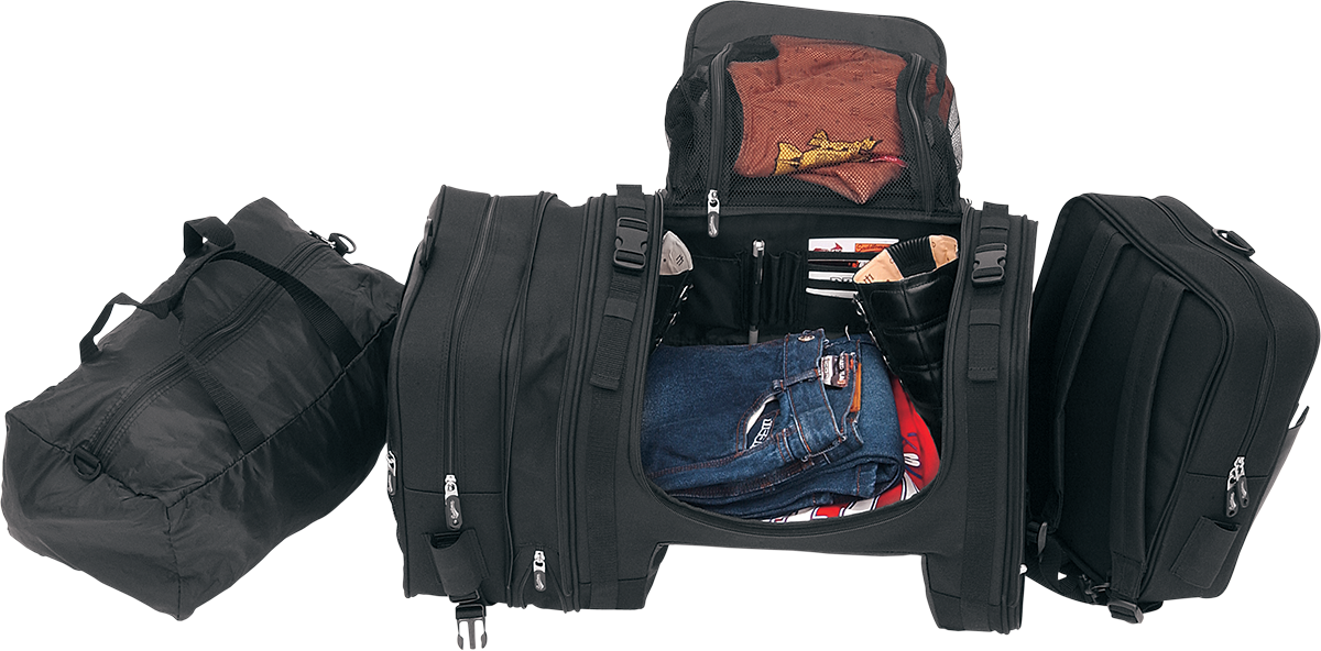 Bill's Exhausts Saddlemens Deluxe Cruiser Tail Bag seat for motorcycle, black leather with storage compartments and secure straps