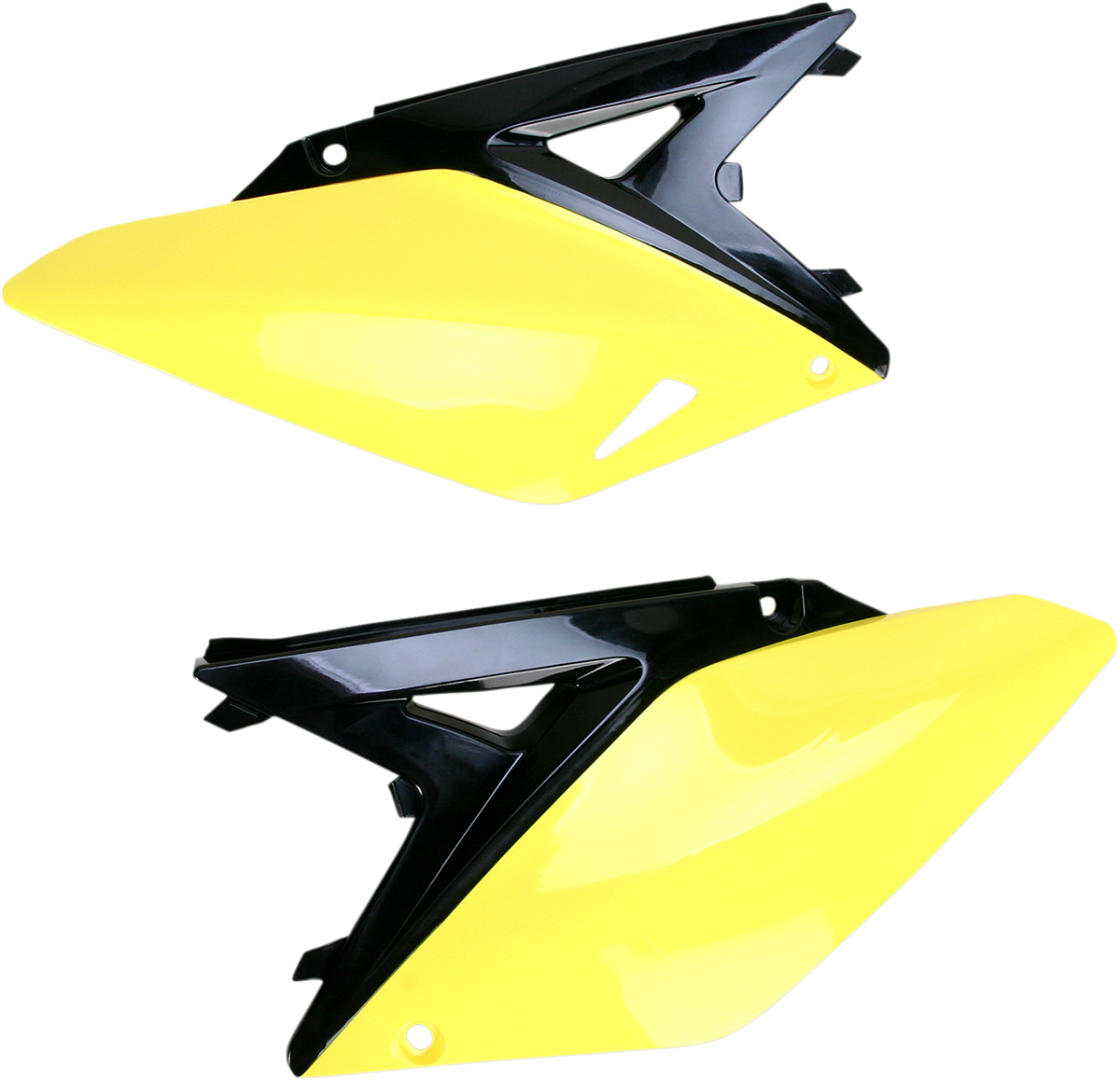 A pair of black and yellow Acerbis side panels for motorcycle body customization, designed by Bill's Exhausts.