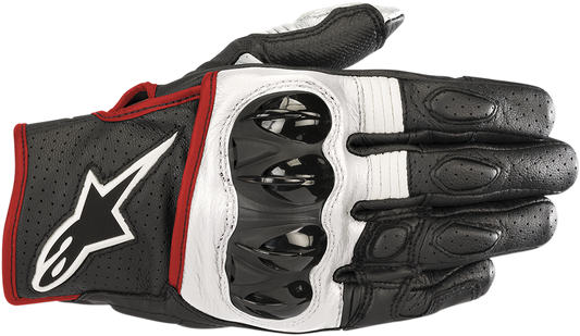 Alpinestars Celer V2 motorcycle gloves in black, white, and fluo red, size 3XL, with protective knuckles and breathable fabric.