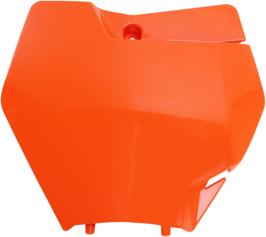 Orange ACERBIS front number plate for motorcycle, body part with bold design, suitable for racing or street use.