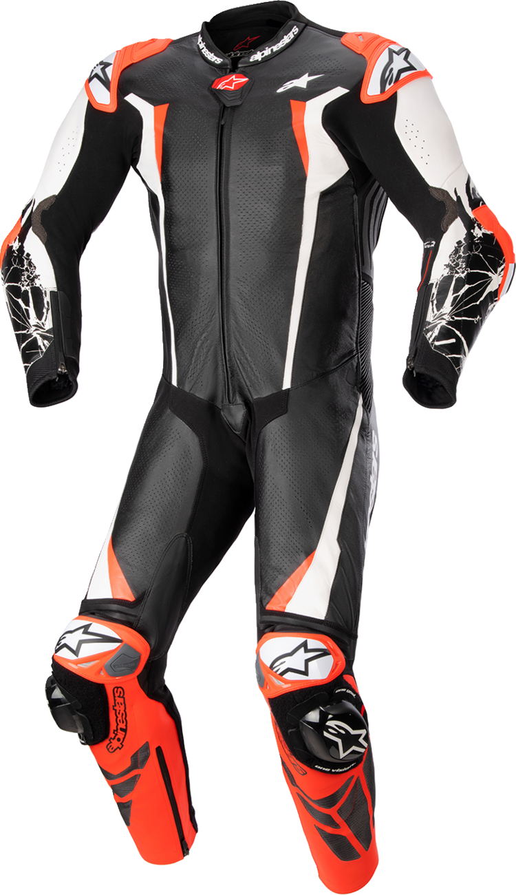 Alpinestars Racing Absolute v2 leather suit in black, white, and red with US size 44, displayed on a mannequin.