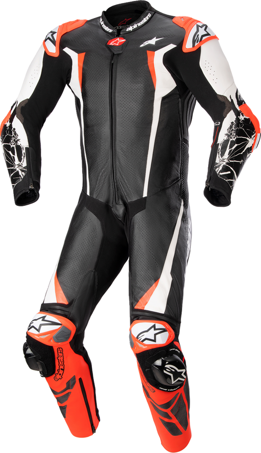Alpinestars Racing Absolute v2 leather suit in black, white, and red with racing design, displayed on a mannequin.