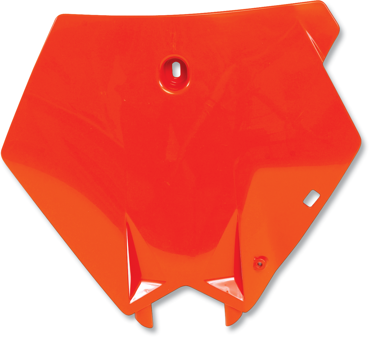 Acerbis orange front number plate for motorcycle, body part with bold orange color and mounting holes, designed for off-road bikes.