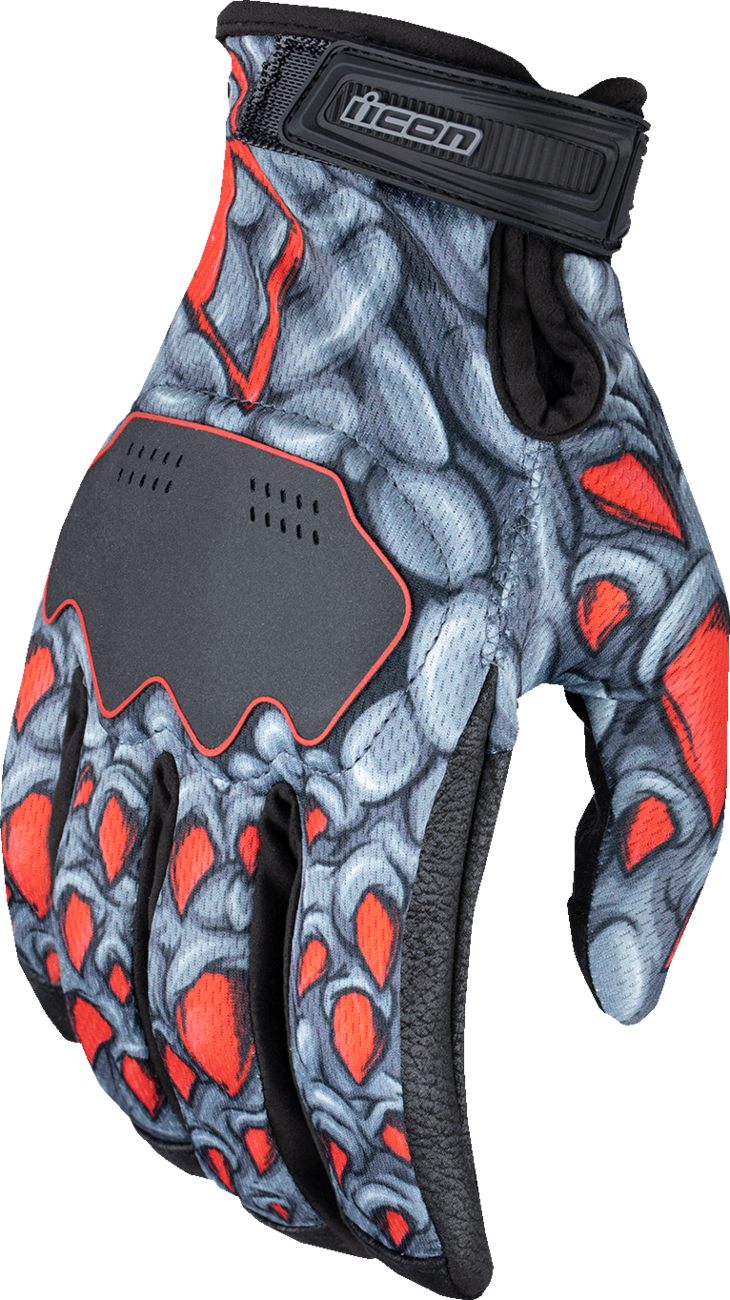 Red ICON Hooligan Kryola Kreep gloves in 3XL size, featuring textured grip and branding, designed for durability and style.