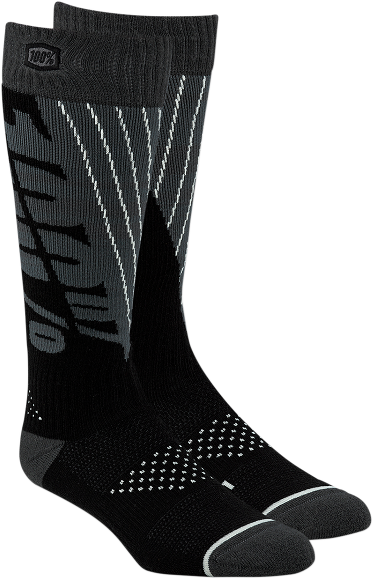 Black and gray Torque Comfort Moto Socks by Bill's Exhausts, large/XL size, featuring cushioned design for motorcycle riding comfort.