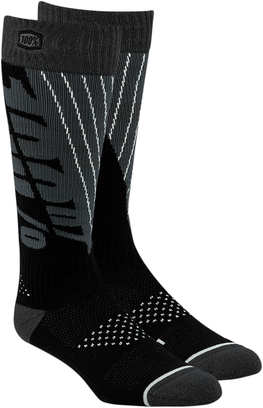 Black and gray Torque Comfort Moto Socks by Bill's Exhausts, large/XL size, featuring cushioned design for motorcycle riding comfort.