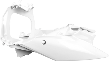 A pair of white Acerbis side panels for motorcycle body styling, designed for compatibility with specific models.