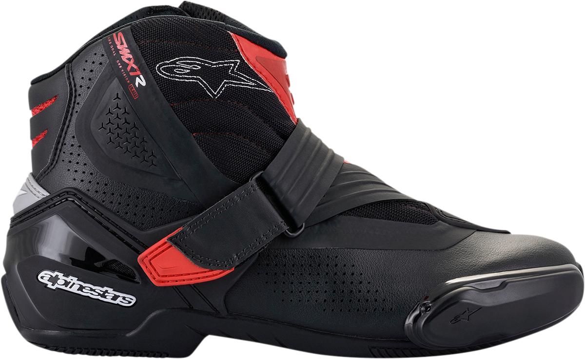Alpinestars SMX1-R V2 motorcycle boots in black and red with strap closures, US size 6, EU size 39, displayed on a white background.