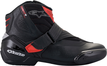 Alpinestars SMX1-R V2 motorcycle boots in black and red with strap closures, US size 6, EU size 39, displayed on a white background.