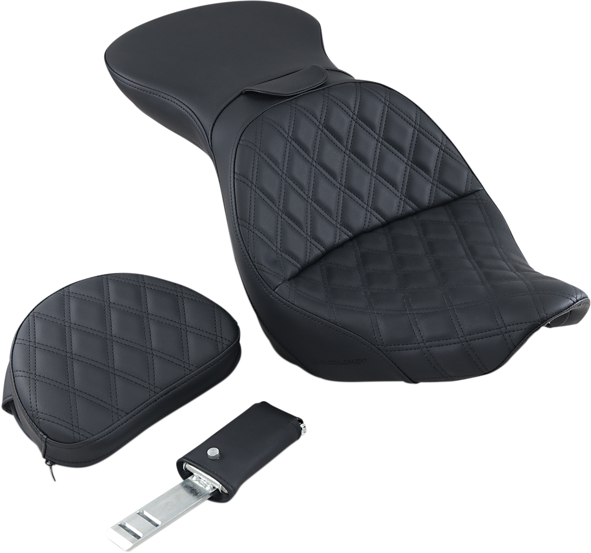 Black SADDLEMEN Explorer motorcycle seat with backrest, lattice stitching, designed for FXST models, by Bill's Exhausts.