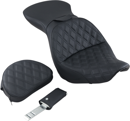 Black SADDLEMEN Explorer motorcycle seat with backrest, lattice stitching, designed for FXST models, by Bill's Exhausts.
