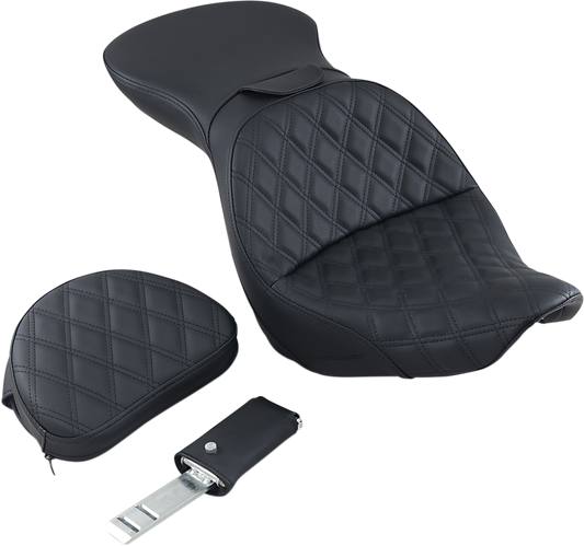 Black SADDLEMEN Explorer motorcycle seat with backrest, lattice stitching, designed for FXST models, by Bill's Exhausts.