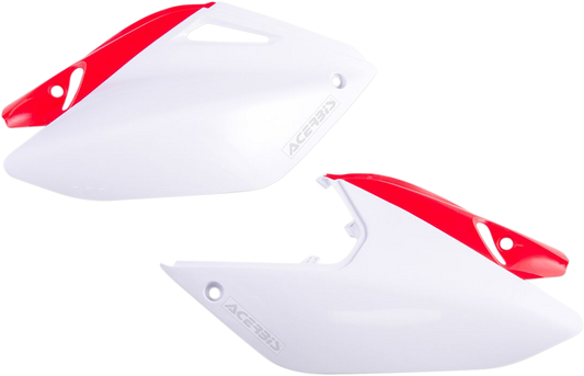 Acerbis white and red motorcycle side panels for body protection, showing sleek design and vibrant color accents.