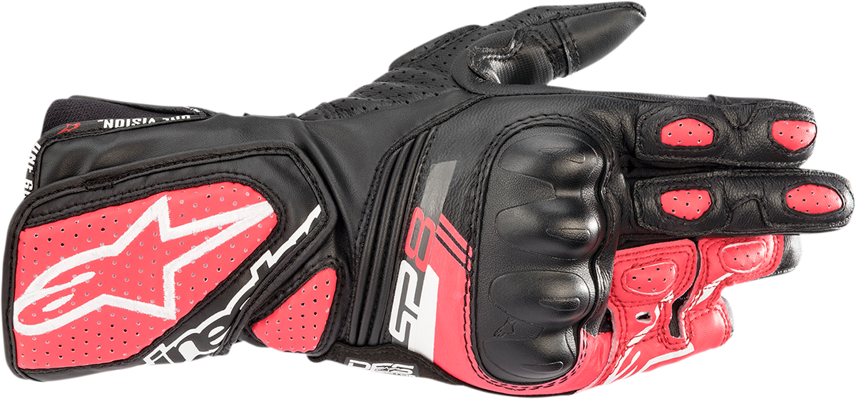 Alpinestars Women Stella SP-8 V3 motorcycle gloves in black, white, and diva pink with XS size, featuring protective padding and stylish design.
