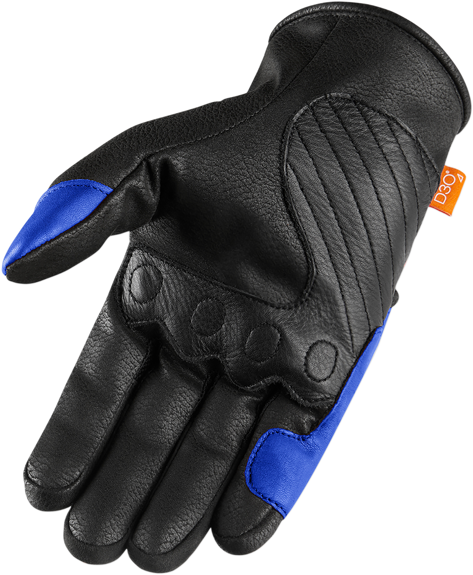 Blue ICON Contra2™ gloves in small size, designed for motorcycle riding, featuring protective padding and a secure fit.